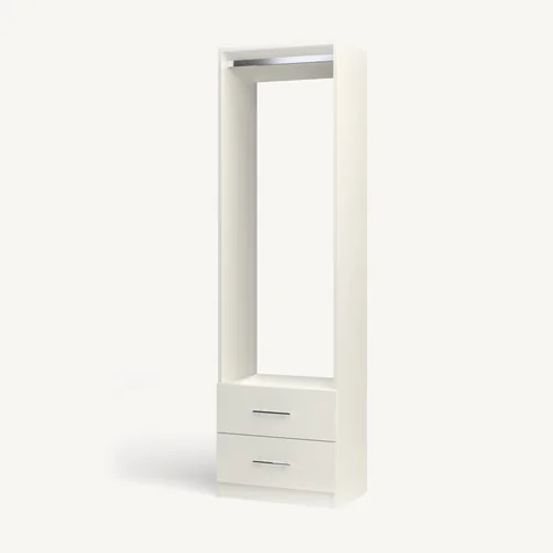 Rod over 2 Drawer reach-in closet module, 16" deep with an open front. 24" wide in Classic White with chrome hardware