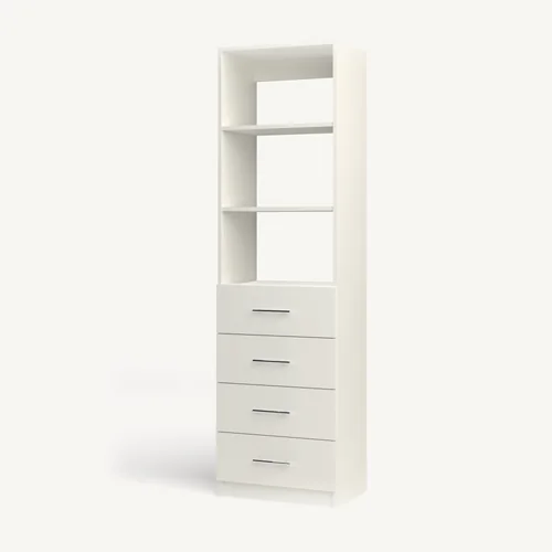 Shelves over 4 Drawer reach-in closet module, 16" deep with an open front. 24" wide in Classic White with chrome hardware