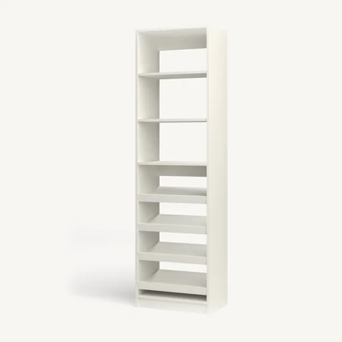 Shelves over Shoe Storage reach-in closet module, 16" deep with an open front. 24" wide in Classic White with chrome hardware