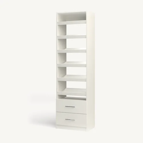 Shoe Storage over 2 Drawer reach-in closet module, 16" deep with an open front. 24" wide in Classic White with chrome hardware