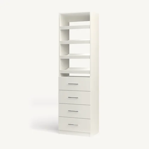 Shoe Storage over 4 Drawer reach-in closet module, 16" deep with an open front. 24" wide in Classic White with chrome hardware