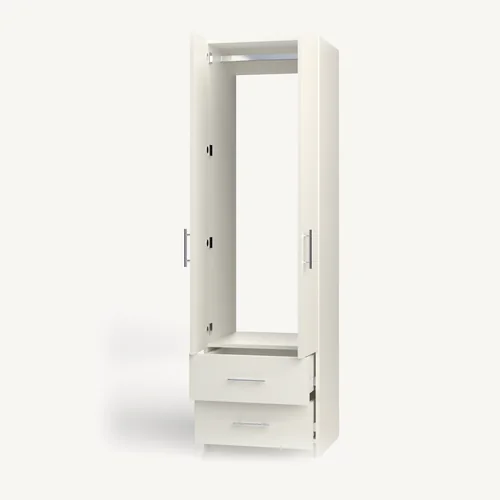 Rod over 2 Drawer wardrobe cabinet, 22" deep, shown with its slab doors open. 24" wide in Classic White with chrome hardware