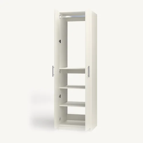 Rod over Shelves wardrobe cabinet, 22" deep, shown with its slab doors open. 24" wide in Classic White with chrome hardware