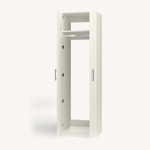 Full-Height Hanging Rod with Fixed Shelf wardrobe cabinet, 22" deep, shown with its slab doors open. 24" wide in Classic White with chrome hardware