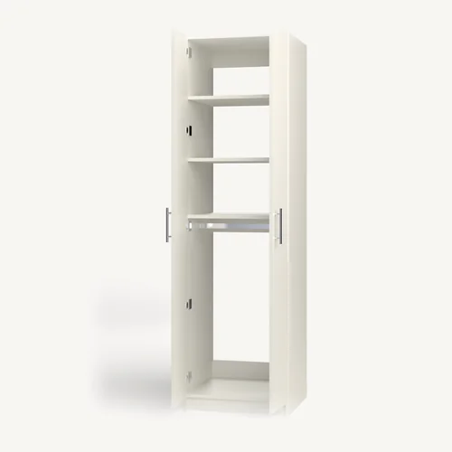 Shelves over Rod wardrobe cabinet, 22" deep, shown with its slab doors open. 24" wide in Classic White with chrome hardware
