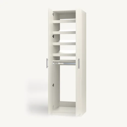 Shoe Storage over Rod wardrobe cabinet, 22" deep, shown with its slab doors open. 24" wide in Classic White with chrome hardware