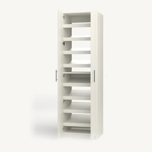 Shoe Storage over Shoe Storage wardrobe cabinet, 22" deep, shown with its slab doors open. 24" wide in Classic White with chrome hardware